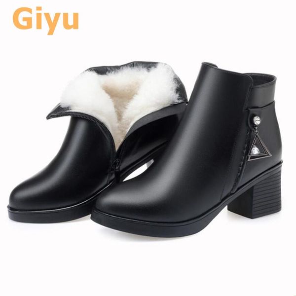 

boots giyu 2021 autumn and winter genuine leather short wool thick heel full cowhide women's cotton shoes, Black