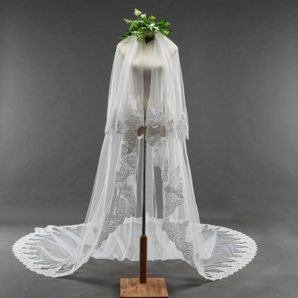 

bridal veils 2t 2 tiers lace appliqued chapel cathedral wedding veil with chantilly edge for bride, Black