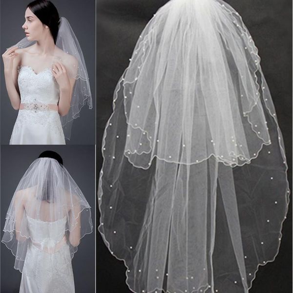 

headpieces two layer long wedding veil with pearl cut edge elegant soft tulle white/ivory bridal veils, Silver