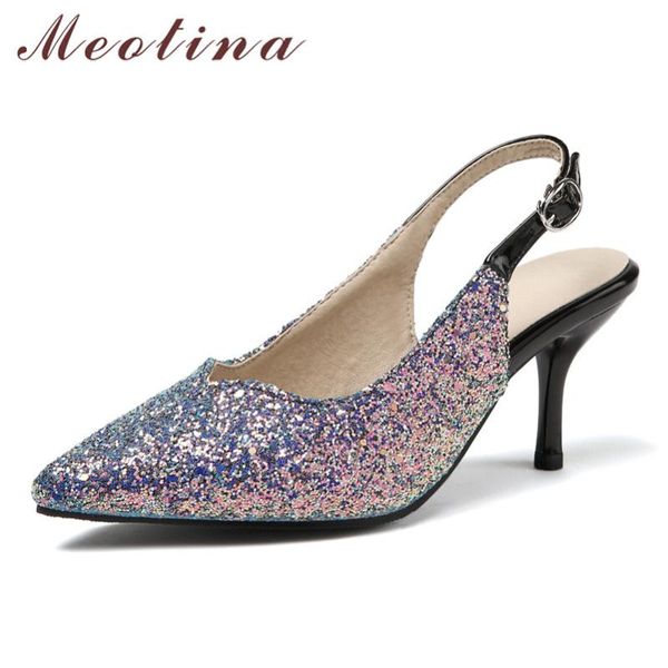 

dress shoes meotina women bling slingbacks high heels pumps pointed toe stiletto heel footwear lady summer wedding white size 12, Black