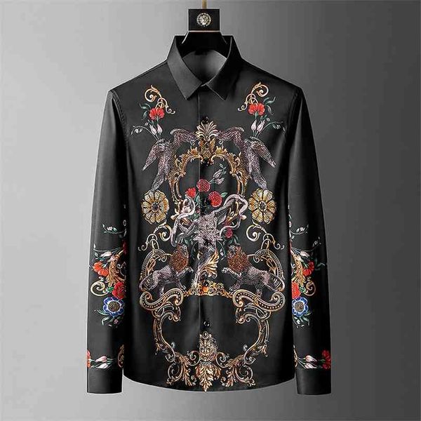 

luxury print shirts men long sleeve slim fit casual shirt male business formal dress streetwear party chemise homme 210626, White;black
