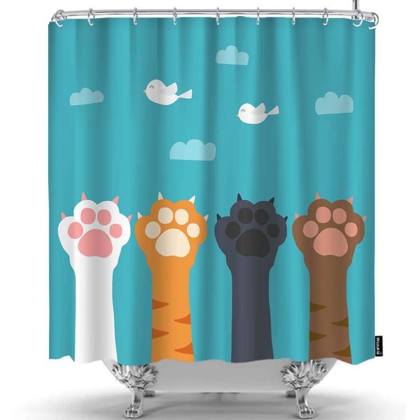 

cat paw shower curtain catch flying white bird on sky funny design white brown green shower curtains home decorative waterproof