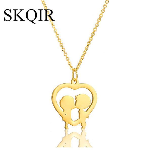 

cute boy kiss girl hollow heart pendant rose gold color stainless steel chain necklaces for women jewelry couple love wife gift, Silver