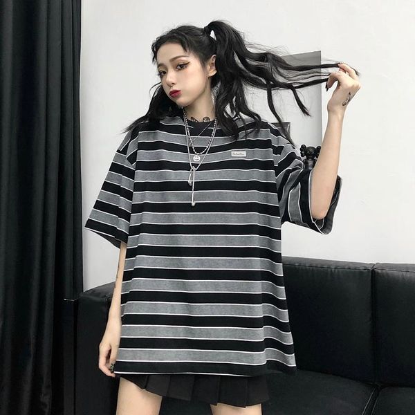 

women's t-shirt striped short sleeve ladies summer o-neck tees women clothing harajuku loose causal style oversized t shirt ins hipste, White