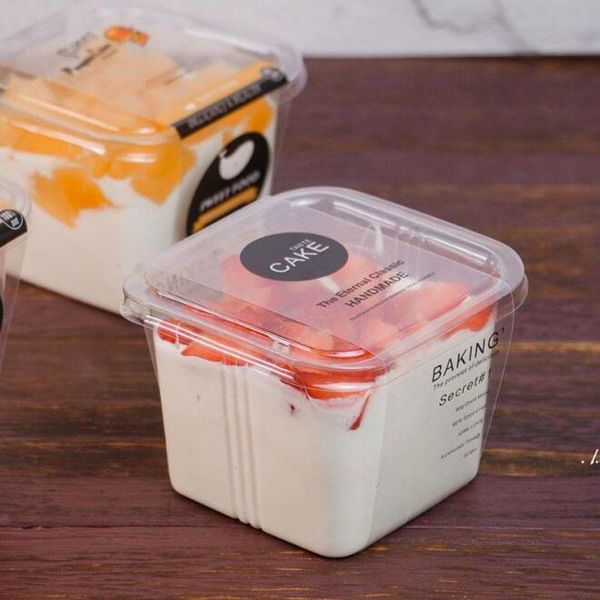 Klare Kuchenbox Transparente quadratische Mousse-Kunststoff-Cupcake-Boxen mit Deckel Joghurt-Pudding-Hochzeitsfeier-Zubehör EWF6985