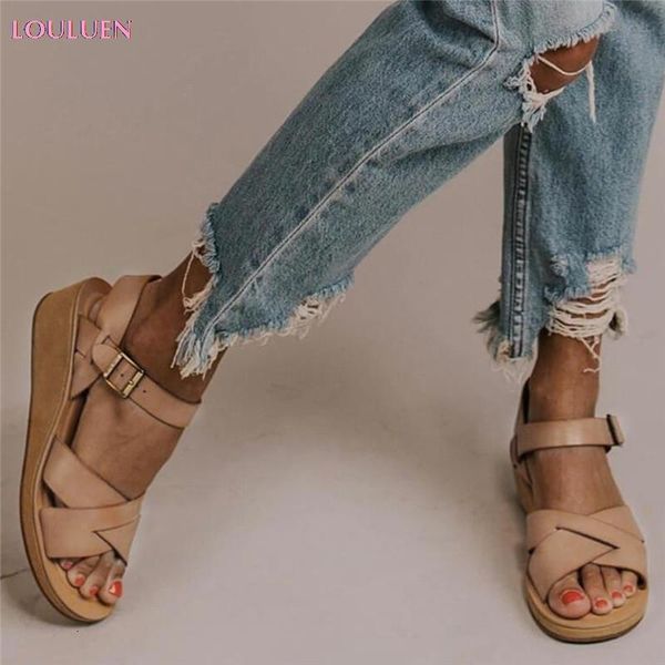 

sandals fashion retro womens flats buckle strap round toe thick bottom roman plus size 35- 43 drop #0529 lwcg, Black