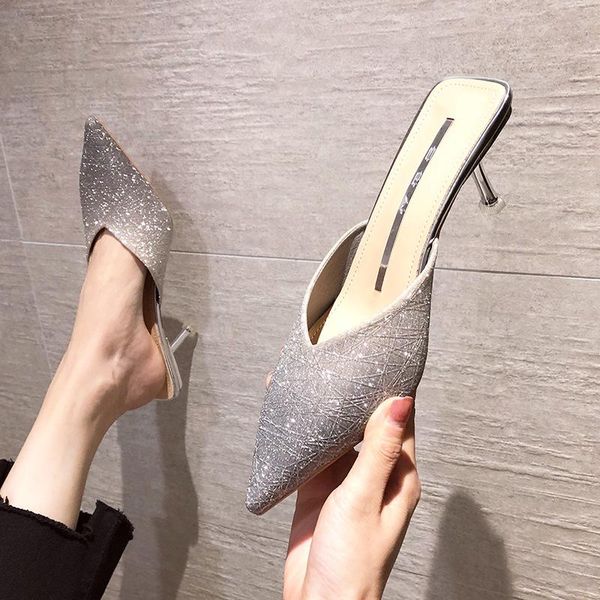 

spring slides women sandal mules female 6cm half slippers thin heeled bling dazzling pink fashion korean shoes woman, Black