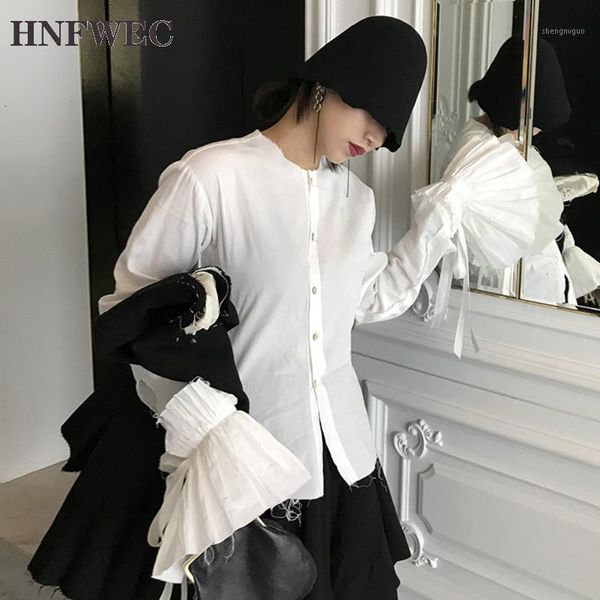 

solid color blouse spring flared sleeve casual round collar single breasted slim bottom cotton d860 women's blouses & shirts, White