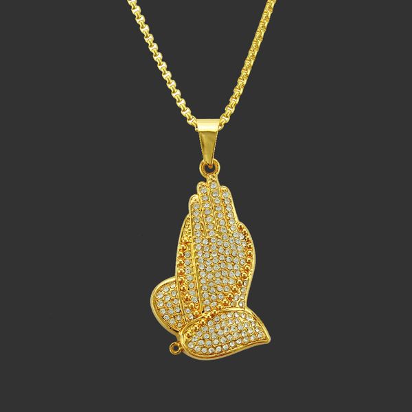 

amulet neck pendants hip hop rapper exaggerated diamond prayer hand pendant necklace street trendsetter personality accessories, Silver