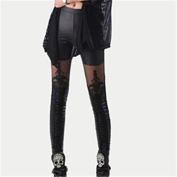 

ankle length faux leather stretchy thin trousers fashion spring autumn women's pants patchwork lace pants capris, Black;white