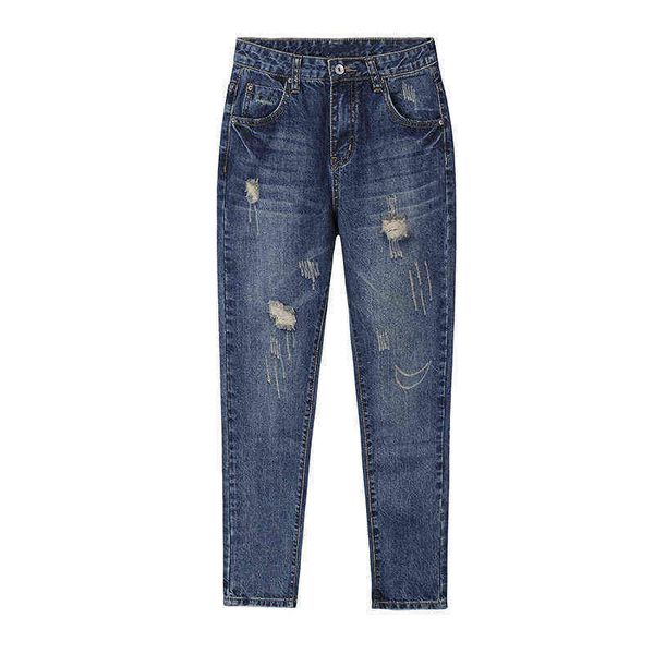 

korean version holed quarter jeans women's autumn 2021 high waist casual temperament commuter hip hop daddy pants, Black;white