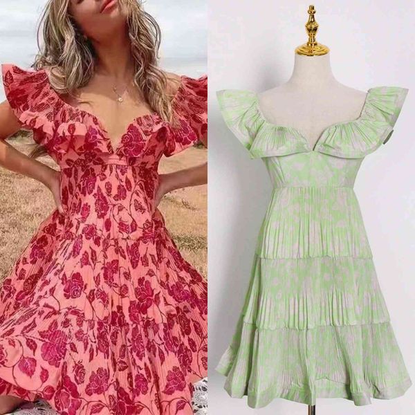 

street style dresses european and american summer v-neck ruffled high-waist floral dress vw75, Black;pink