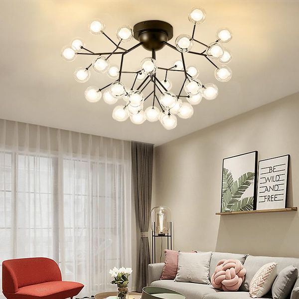 

ceiling lights modern tree branch led chandelier nordic firefly light fixture designer living room glass ball light/lamp