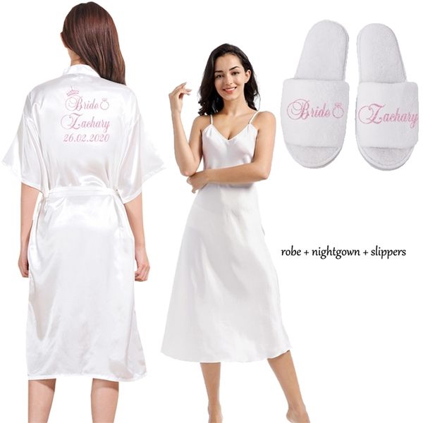 Nome Personalizado Noiva Noiva Conjuntos de Nightgown 2 Peças Nightdress Roupão de Nightdress Feminino Cetim Kimono Sleepwear Rosa Robes Terno 210901