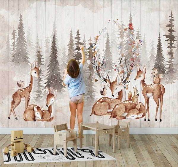 

customized large mural wallpaper forest retro elk family background wall decoration painting wallpapers