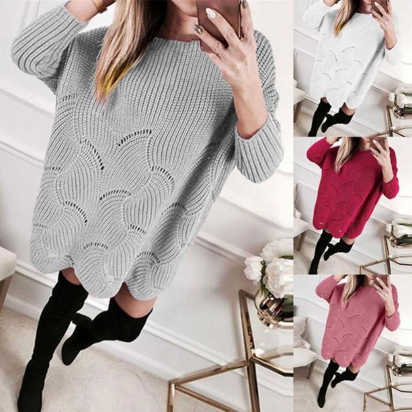 

women's sweaters women sweater solid color hollow out wave texture pullover anti-shrink loose hem round neck lady autumn for daily wear, White;black