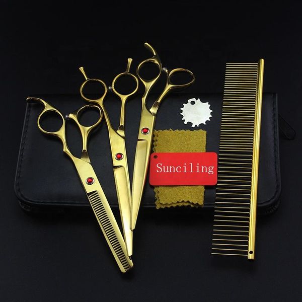 

hair scissors 7 inch electroplate golden comb double curved thinning cutting 4 pcs set professional