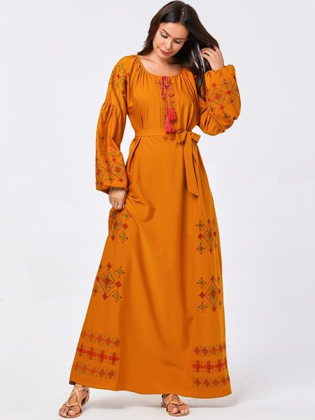 

plus size dubai arab dress women embroidery lace-up a-line abaya muslim hijab dresses turkish kaftan islamic clothing vestidos, Red