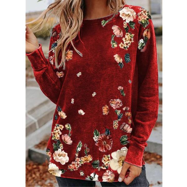 

women's t-shirt ladies flower sea print retro shirts women fashion o-neck long sleeve loose vintage comfortable clothes, White
