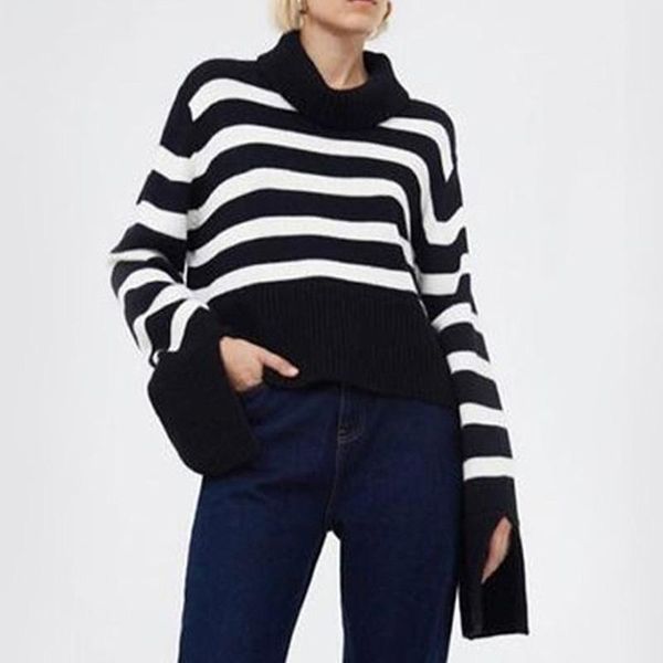 

women's sweaters ladies turtleneck sweater striped female loose knitted pullover split design women fashion autumn winter jumper 2021, White;black