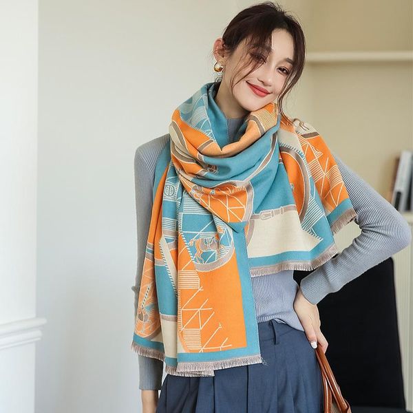 

scarves 2021 spring and autumn retro horse warm scarf female winter double-sided cashmere student bib air conditioning shawl, Blue;gray