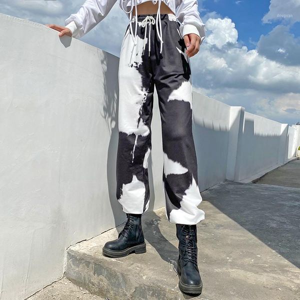 

ladies fashion streetwear long pants trousers women high waist drawstring printed pattern loose casual hip hop bottoms women's & capris, Black;white
