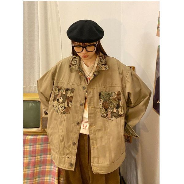 

women's jackets harajuku colorblock jeans jacket women cartoon bear print lapel black 2021 autumn loose button up coats female, Black;brown