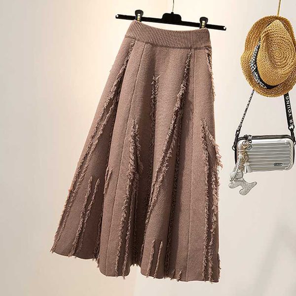 

skirts 4xl solid color black knitted long tassel pleated female plus large size oversized vintage high-waisted women's 2021 6596