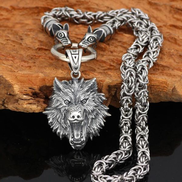 

pendant necklaces nordic viking odin wolf with head geri and freki necklace stainless steel for men -king chain valknut gift bag, Silver