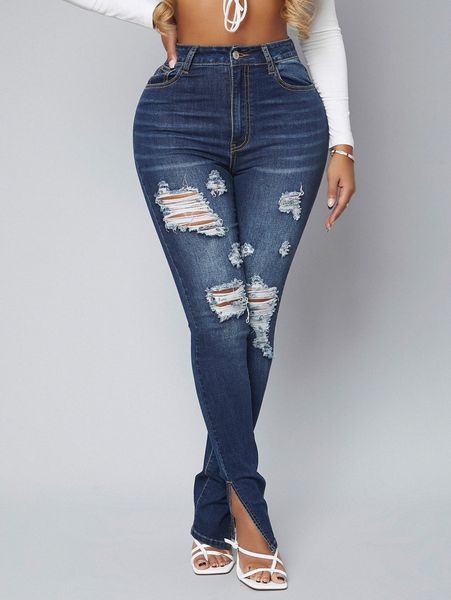 

sxy high waist ripped split hem skinny jeans t1qq#, Blue