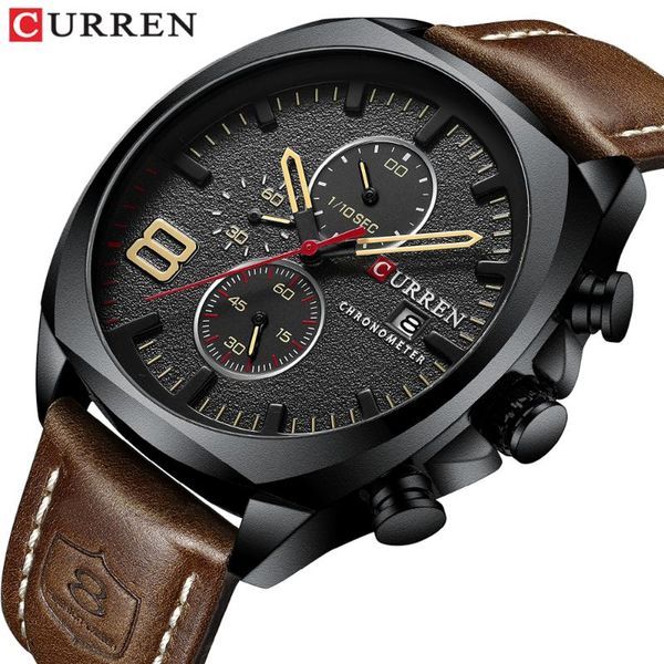 

wristwatches curren chronograph fashion men's watches luxury leather business quartz watch men military sport wrist relogio masculino, Slivery;brown
