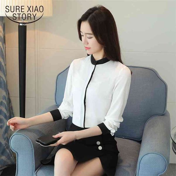 

fashion korean women blouse long sleeved solid temperament chiffon blouses slim office lady blusa 0939 40 210506, White