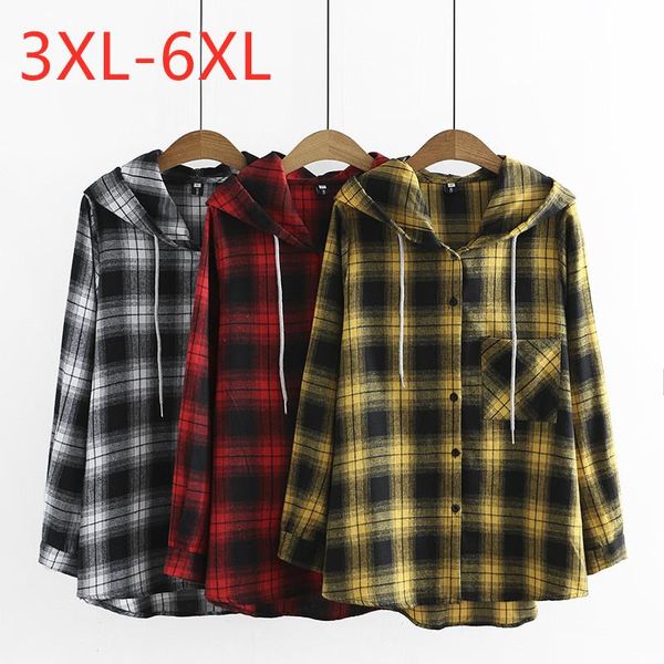 

plus size t-shirt 2021 ladies spring autumn hoodie for women large long sleeve loose cotton plaid shirt 3xl 4xl 5xl 6xl, Black
