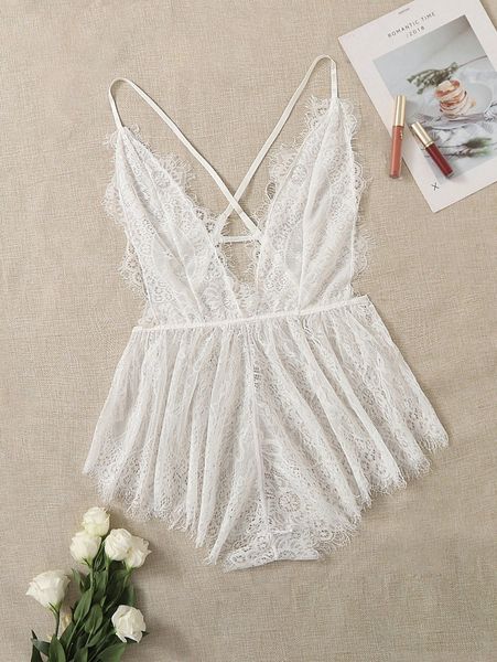 

plus floral lace cross back teddy bodysuit m7o6#, Black;white
