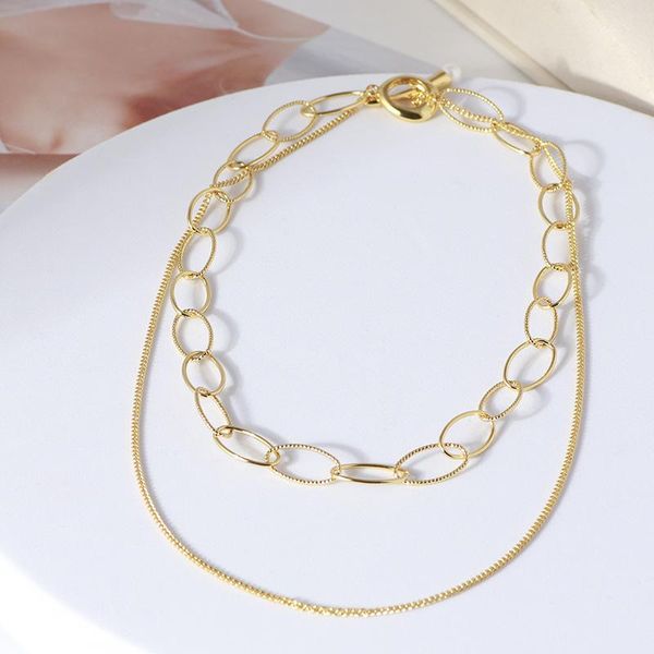 

chains simple stitching ring two-piece buckle bare chain necklace, Silver