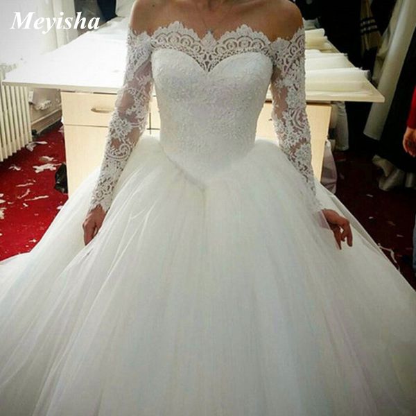 

zj9151 ball gown elegant long sleeve wedding dress for plus size women 2021 bride dresses lace bottom, White