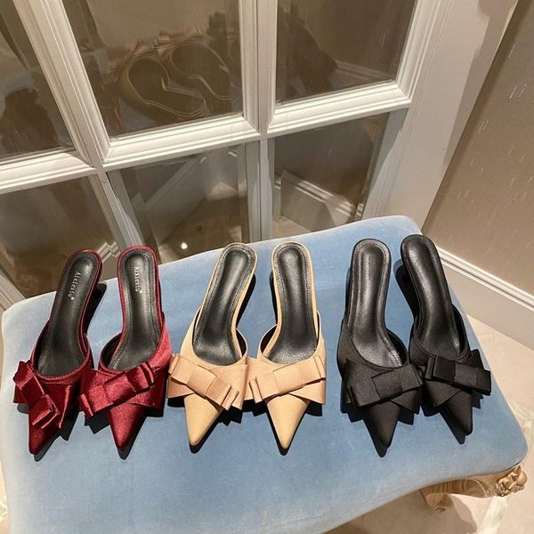 

elegant women slippers pointed toe thin low heels shallow slip on wine red slides casual mules shoes summer flats, Black