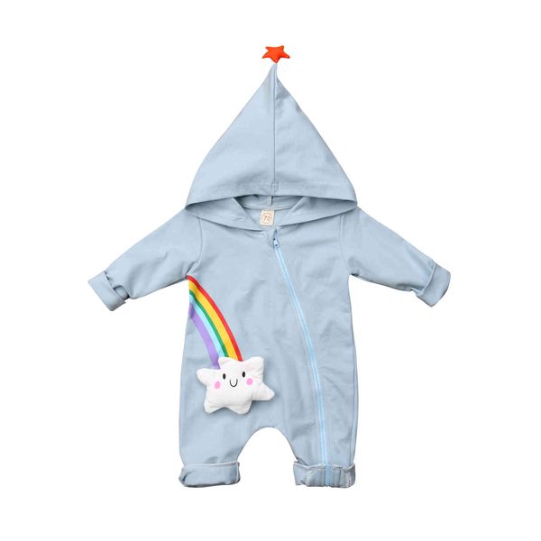 

cute born baby boy girl rainbow romper long sleeve hooded infant jumpsuit zipper playsuit autumn clothing d15 210515, Blue
