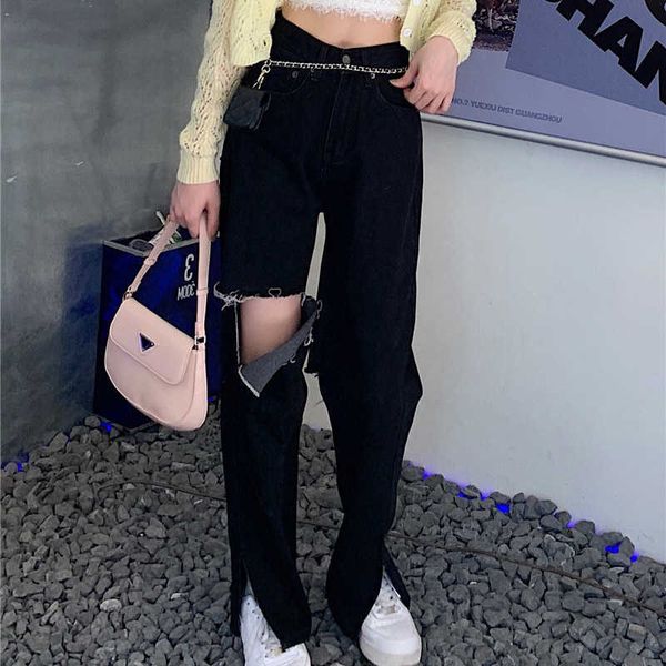 

spring summer fashion high street casual jeans women hole high wasit loose straight female jeans soft women's pant 210527, Blue