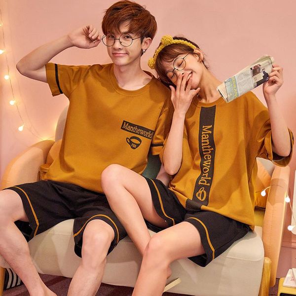 

couple sleepwear men and women matching home suit cotton chic letter print short sleeve leisure nightwear pajamas for summer men's, Black;brown