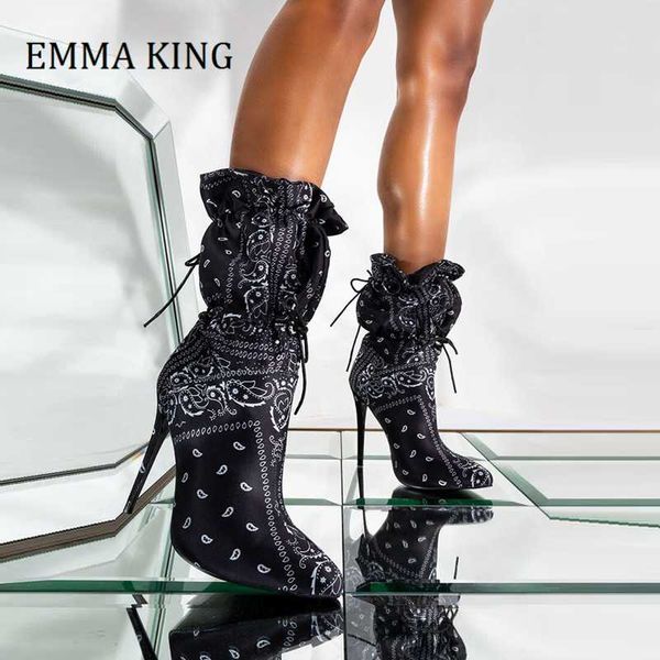 

boots 2021 fall winter women printing stiletto bootie black bandana prints bad girl heels shoes luxury design botas de mujer