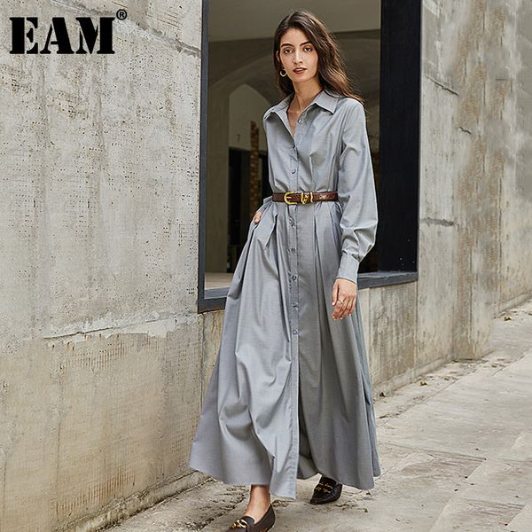 

[eam] women gray pleated brief long big size dress lapel long sleeve loose fit fashion spring autumn 1z464 21512, Black;gray
