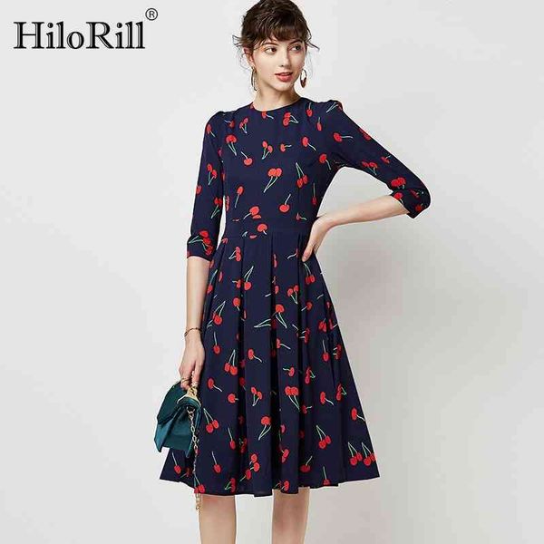 

cherry print women a line dress three quarter sleeve midi party o-neck vintage casual es vestido mujer 210508, Black;gray