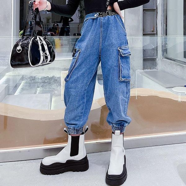 

jeans blue kids girls fashion denim cargo pants children outwear spring autumn pockets long trousers teenagers girl clothing