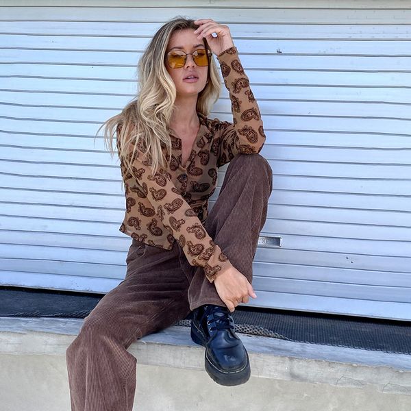 

2021 summer spring vintage y2k printing long sleeve t-shirts 90s aesthetics turn-down collar single-breasted coffee casual street, White