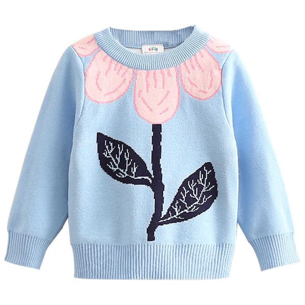 

autumn winter 3 4 6 8 10 year clothing o-neck cartoon big flower floral knitted cotton pullover sweater for kids baby girls 210529, Blue