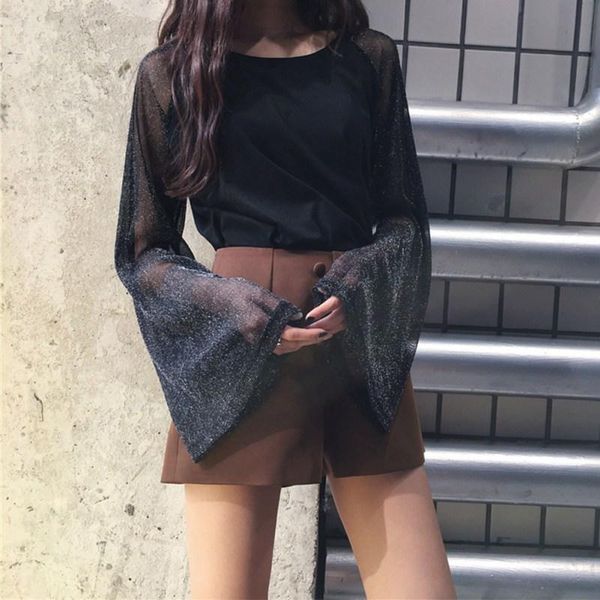 

women's t-shirt daxin korean oversized chic long sleeve shirts femal mesh loose flare sunscreen tumblr, White
