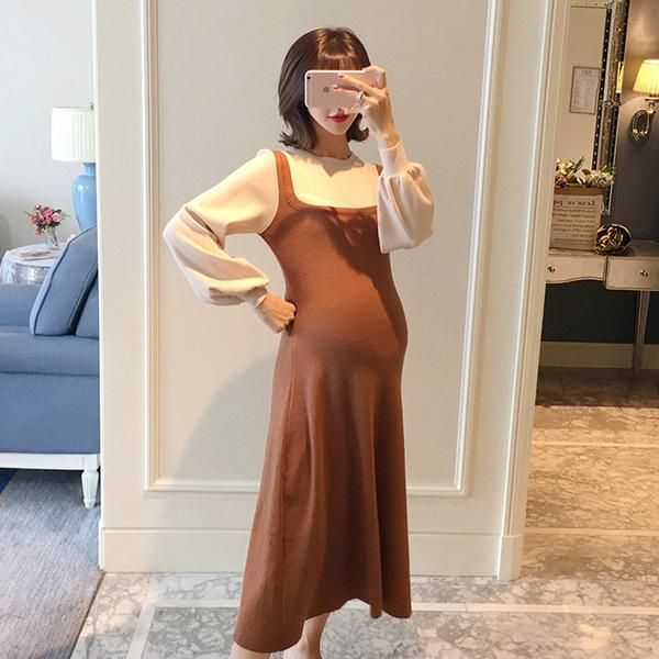 

maternity dresses pregnant women autumn and winter clothes sweater loose high neck long bottoming knitted dress, White