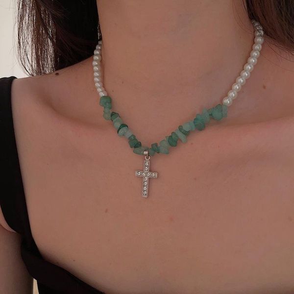 

pendant necklaces 2021 summer fashion green natural stone imitation pearl shiny zircon cross necklace for women jewelry gifts, Silver