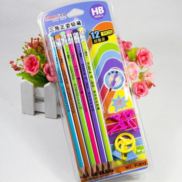 

stationery set 12pcs triangle positive posture pencils with eraser gift puzzle assembled small toys for kids wholesale